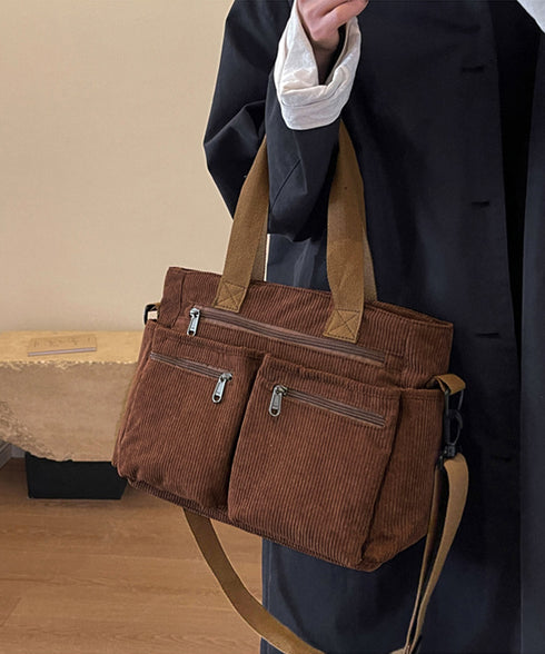 コーデュロイショルダーバッグ 2way鞄 スクエアトートバッグ 大容量 斜め掛けバッグ レディース ファスナー付き ポケット多い鞄 通勤通学かばん軽量 丈夫長持ち 84ZHIB-010