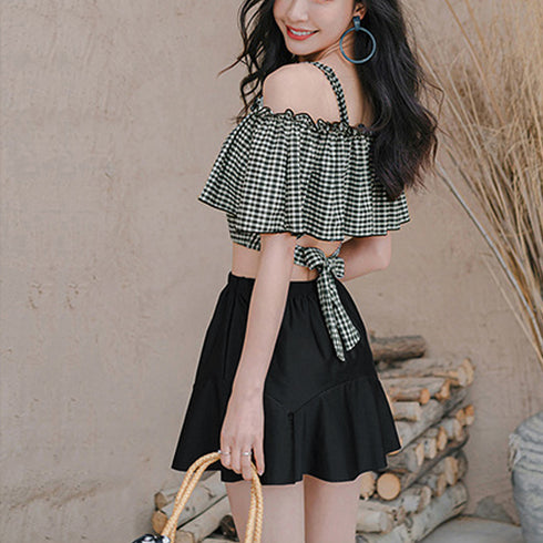 水着レディース ビキニスカート3点セット ショートパンツ ギンガムチェックトップス ハイウエストスカート 水着セット 露出控えめ スイムウェア体型カバー おしゃれ 84ZHONG-001