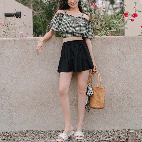 水着レディース ビキニスカート3点セット ショートパンツ ギンガムチェックトップス ハイウエストスカート 水着セット 露出控えめ スイムウェア体型カバー おしゃれ 84ZHONG-001