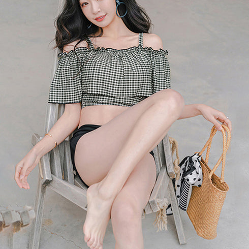 水着レディース ビキニスカート3点セット ショートパンツ ギンガムチェックトップス ハイウエストスカート 水着セット 露出控えめ スイムウェア体型カバー おしゃれ 84ZHONG-001