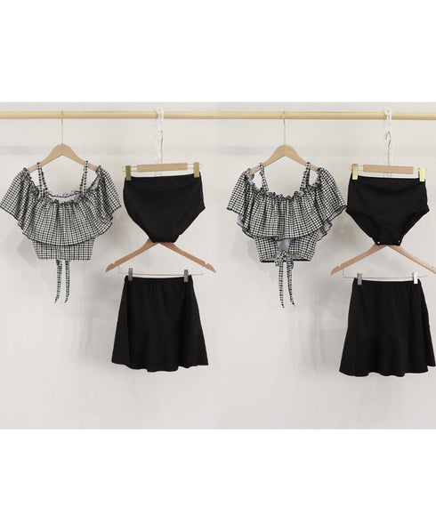 水着レディース ビキニスカート3点セット ショートパンツ ギンガムチェックトップス ハイウエストスカート 水着セット 露出控えめ スイムウェア体型カバー おしゃれ 84ZHONG-001