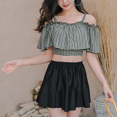 水着レディース ビキニスカート3点セット ショートパンツ ギンガムチェックトップス ハイウエストスカート 水着セット 露出控えめ スイムウェア体型カバー おしゃれ 84ZHONG-001