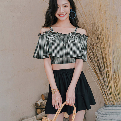 水着レディース ビキニスカート3点セット ショートパンツ ギンガムチェックトップス ハイウエストスカート 水着セット 露出控えめ スイムウェア体型カバー おしゃれ 84ZHONG-001