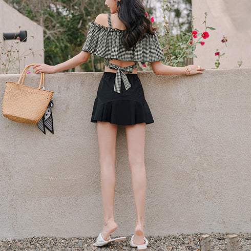 水着レディース ビキニスカート3点セット ショートパンツ ギンガムチェックトップス ハイウエストスカート 水着セット 露出控えめ スイムウェア体型カバー おしゃれ 84ZHONG-001