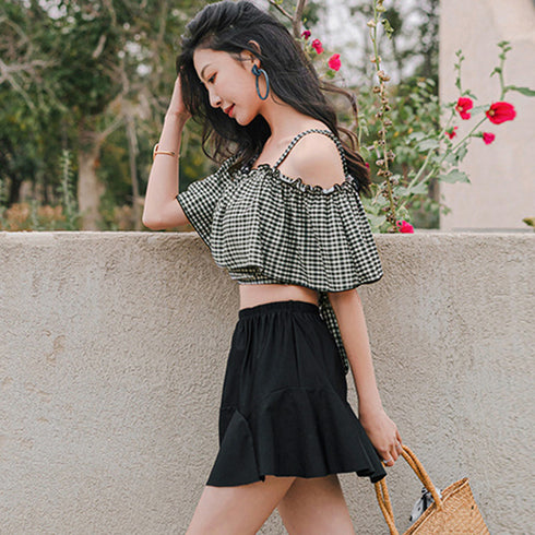 水着レディース ビキニスカート3点セット ショートパンツ ギンガムチェックトップス ハイウエストスカート 水着セット 露出控えめ スイムウェア体型カバー おしゃれ 84ZHONG-001