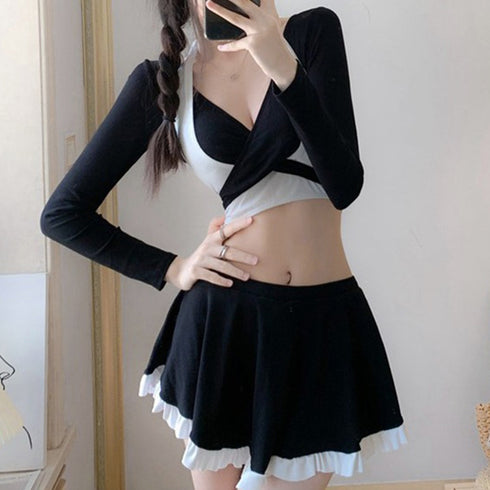 水着 上下セット タンキニ レディース夏 ホルターネック水着 クロスバンドゥビキニ 韓国風水着セット 長袖 ビキニスカート リゾート旅行 プール遊び ビーチ可愛い 84ZHONG-003