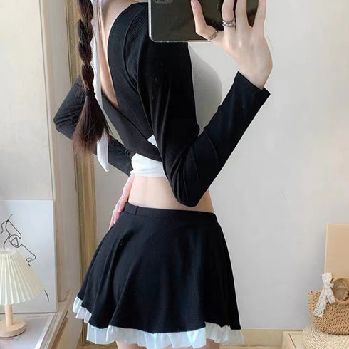 水着 上下セット タンキニ レディース夏 ホルターネック水着 クロスバンドゥビキニ 韓国風水着セット 長袖 ビキニスカート リゾート旅行 プール遊び ビーチ可愛い 84ZHONG-003