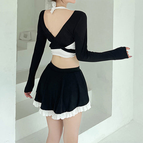 水着 上下セット タンキニ レディース夏 ホルターネック水着 クロスバンドゥビキニ 韓国風水着セット 長袖 ビキニスカート リゾート旅行 プール遊び ビーチ可愛い 84ZHONG-003