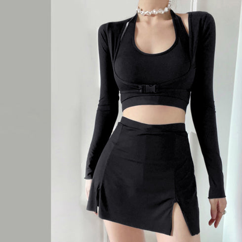 フィットネス水着3点セット レディース夏 スポーツ水着セット スイムウェアセパレート 長袖ラッシュガード ハイウエスト水着日焼け防止 プール遊び 韓国風 水陸両用 84ZHONG-004