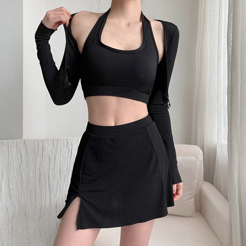 フィットネス水着3点セット レディース夏 スポーツ水着セット スイムウェアセパレート 長袖ラッシュガード ハイウエスト水着日焼け防止 プール遊び 韓国風 水陸両用 84ZHONG-004