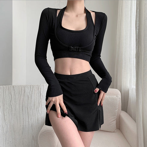 フィットネス水着3点セット レディース夏 スポーツ水着セット スイムウェアセパレート 長袖ラッシュガード ハイウエスト水着日焼け防止 プール遊び 韓国風 水陸両用 84ZHONG-004