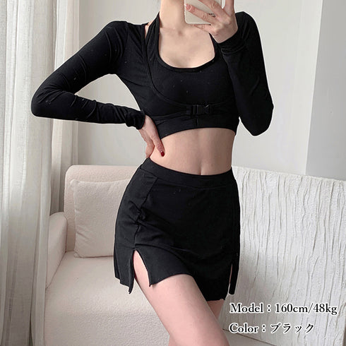 フィットネス水着3点セット レディース夏 スポーツ水着セット スイムウェアセパレート 長袖ラッシュガード ハイウエスト水着日焼け防止 プール遊び 韓国風 水陸両用 84ZHONG-004