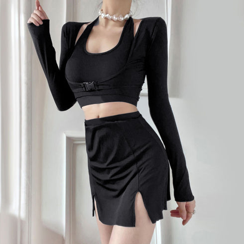 フィットネス水着3点セット レディース夏 スポーツ水着セット スイムウェアセパレート 長袖ラッシュガード ハイウエスト水着日焼け防止 プール遊び 韓国風 水陸両用 84ZHONG-004