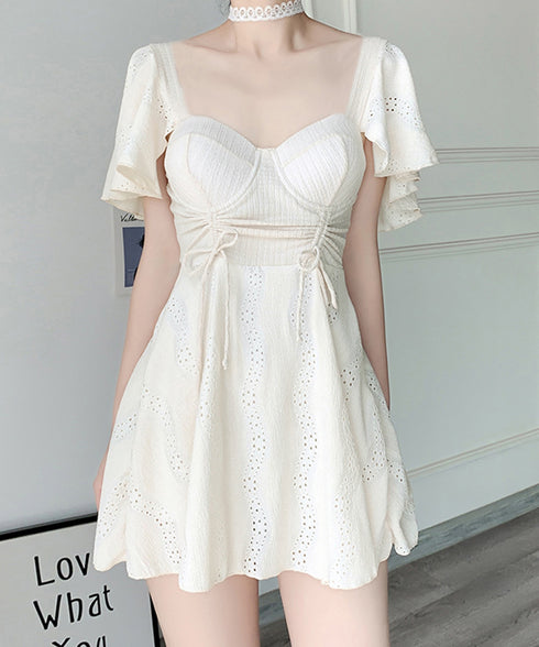 ワンピース水着 レディース体型カバー水着 フリル袖フレアワンピース水着 着やせ 大人可愛いレース水着 ハイウエス露出控えめ水着 お洒落ビーチウェア 清楚上品韓国風 84ZHONG-005