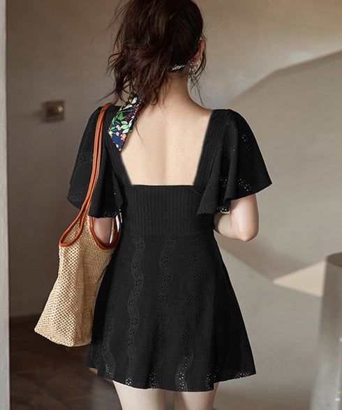 ワンピース水着 レディース体型カバー水着 フリル袖フレアワンピース水着 着やせ 大人可愛いレース水着 ハイウエス露出控えめ水着 お洒落ビーチウェア 清楚上品韓国風 84ZHONG-005