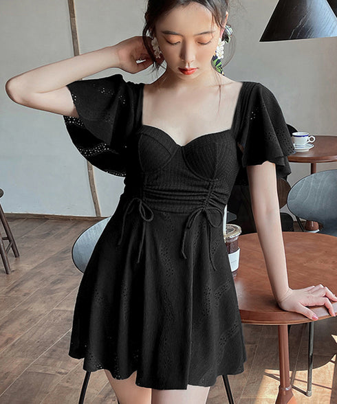 ワンピース水着 レディース体型カバー水着 フリル袖フレアワンピース水着 着やせ 大人可愛いレース水着 ハイウエス露出控えめ水着 お洒落ビーチウェア 清楚上品韓国風 84ZHONG-005