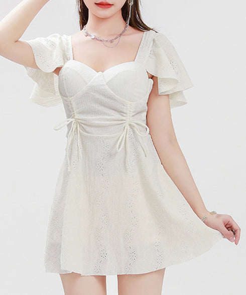 ワンピース水着 レディース体型カバー水着 フリル袖フレアワンピース水着 着やせ 大人可愛いレース水着 ハイウエス露出控えめ水着 お洒落ビーチウェア 清楚上品韓国風 84ZHONG-005