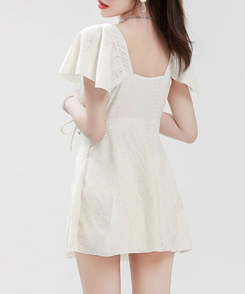 ワンピース水着 レディース体型カバー水着 フリル袖フレアワンピース水着 着やせ 大人可愛いレース水着 ハイウエス露出控えめ水着 お洒落ビーチウェア 清楚上品韓国風 84ZHONG-005