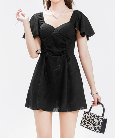 ワンピース水着 レディース体型カバー水着 フリル袖フレアワンピース水着 着やせ 大人可愛いレース水着 ハイウエス露出控えめ水着 お洒落ビーチウェア 清楚上品韓国風 84ZHONG-005