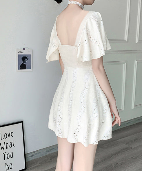 ワンピース水着 レディース体型カバー水着 フリル袖フレアワンピース水着 着やせ 大人可愛いレース水着 ハイウエス露出控えめ水着 お洒落ビーチウェア 清楚上品韓国風 84ZHONG-005