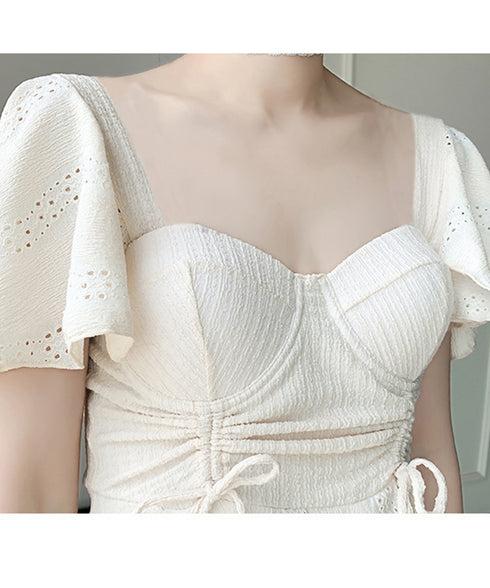 ワンピース水着 レディース体型カバー水着 フリル袖フレアワンピース水着 着やせ 大人可愛いレース水着 ハイウエス露出控えめ水着 お洒落ビーチウェア 清楚上品韓国風 84ZHONG-005