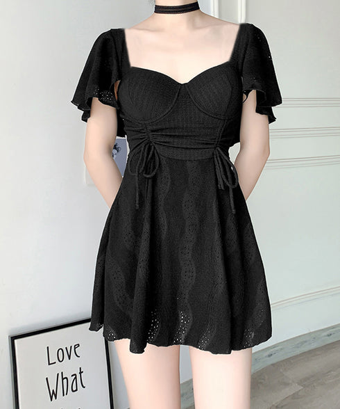 ワンピース水着 レディース体型カバー水着 フリル袖フレアワンピース水着 着やせ 大人可愛いレース水着 ハイウエス露出控えめ水着 お洒落ビーチウェア 清楚上品韓国風 84ZHONG-005