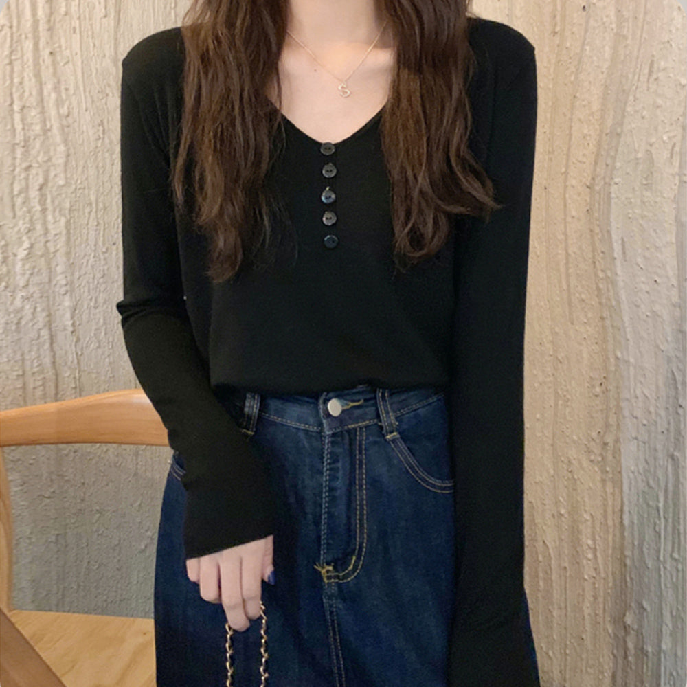 Vネック ニットトップス レディース ブラック