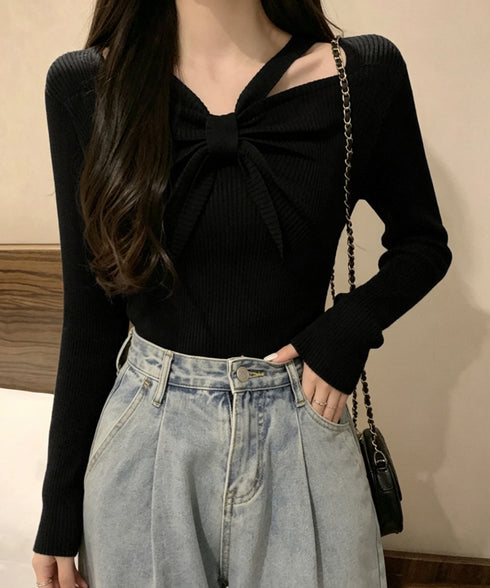 フロントリボンリブニットトップス大人秋服 レディース ホルターネック ニットウエア 普段着 ニットプルオーバー カジュアル ニットセーター 着やせ ニットインナー 85YN-900407