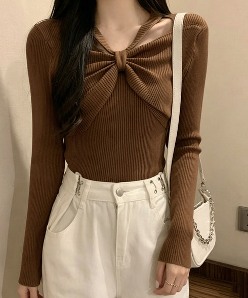 フロントリボンリブニットトップス大人秋服 レディース ホルターネック ニットウエア 普段着 ニットプルオーバー カジュアル ニットセーター 着やせ ニットインナー 85YN-900407