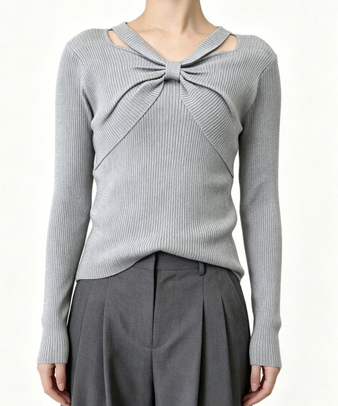 フロントリボンリブニットトップス大人秋服 レディース ホルターネック ニットウエア 普段着 ニットプルオーバー カジュアル ニットセーター 着やせ ニットインナー 85YN-900407