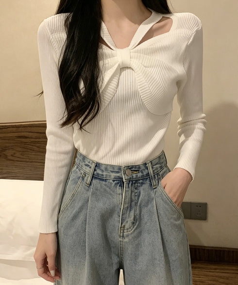 フロントリボンリブニットトップス大人秋服 レディース ホルターネック ニットウエア 普段着 ニットプルオーバー カジュアル ニットセーター 着やせ ニットインナー 85YN-900407