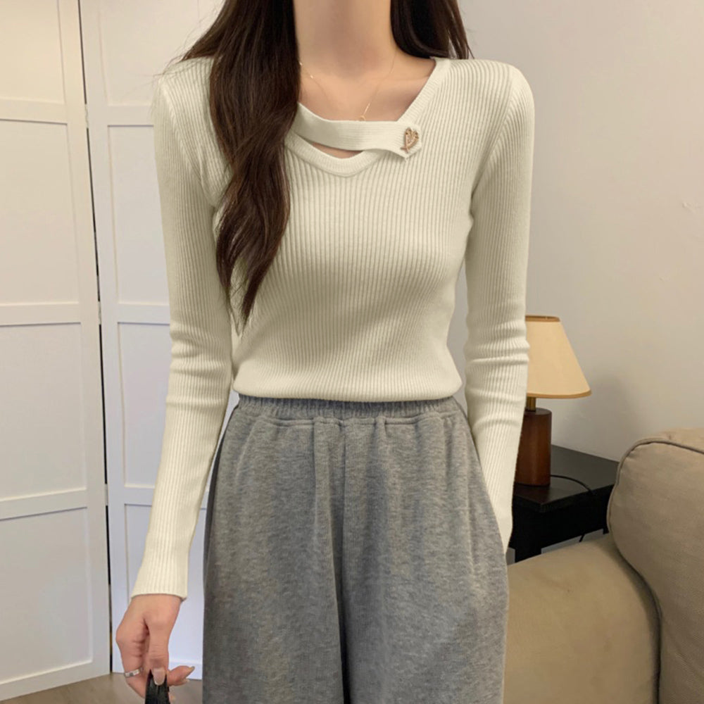 Vネック リブニットトップス 大人秋服 アイボリー