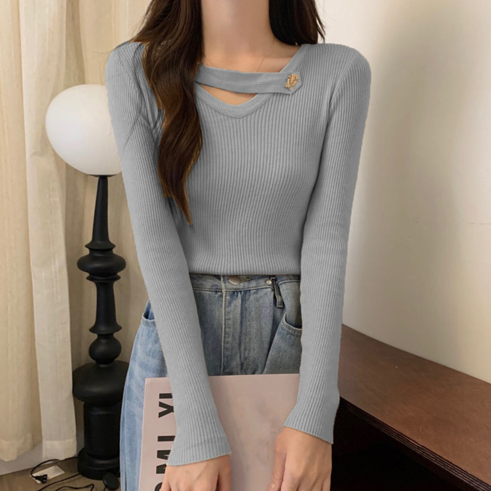 Vネック リブニットトップス 大人秋服 ライトグレー