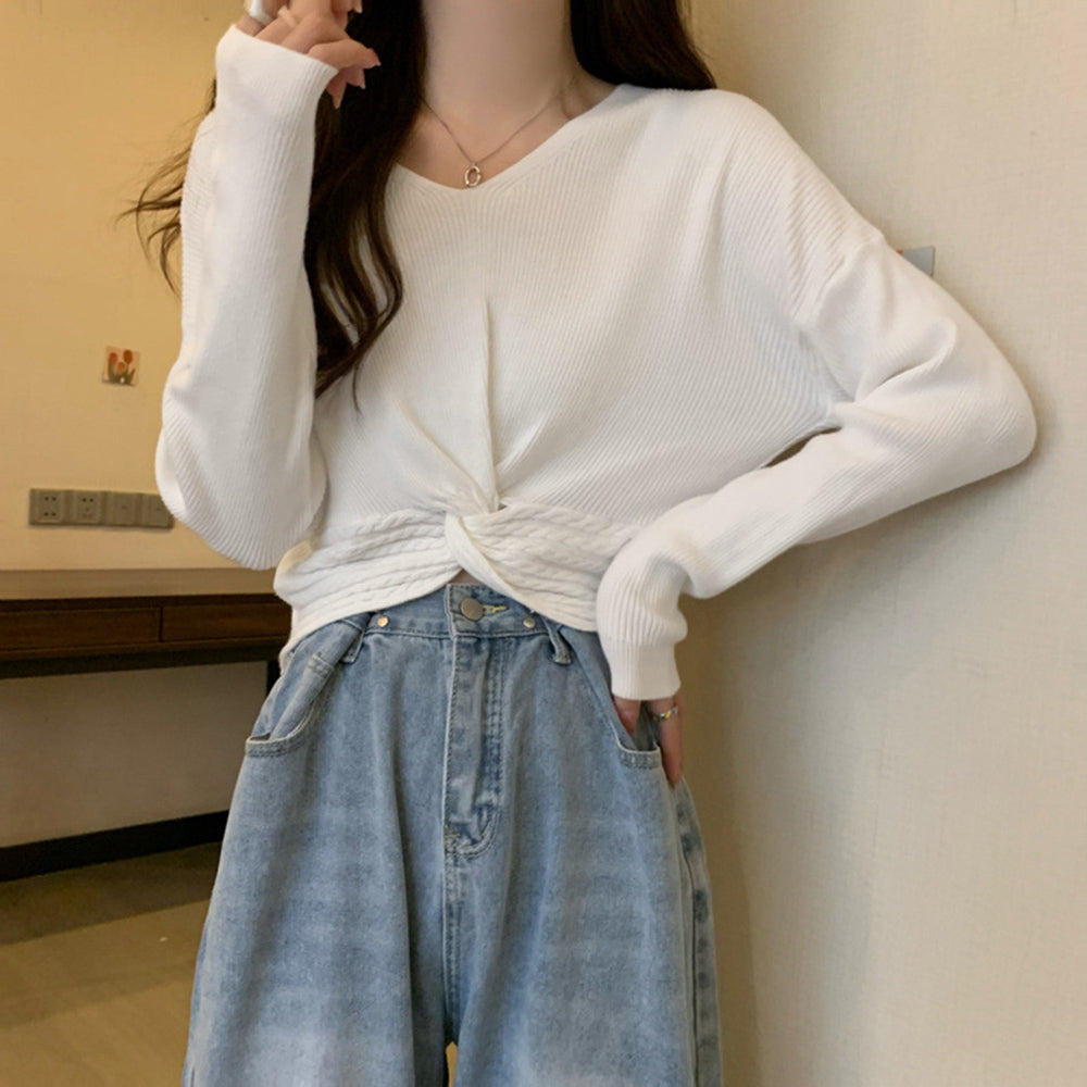 フロントツイスト ニットプルオーバー秋服 ホワイト