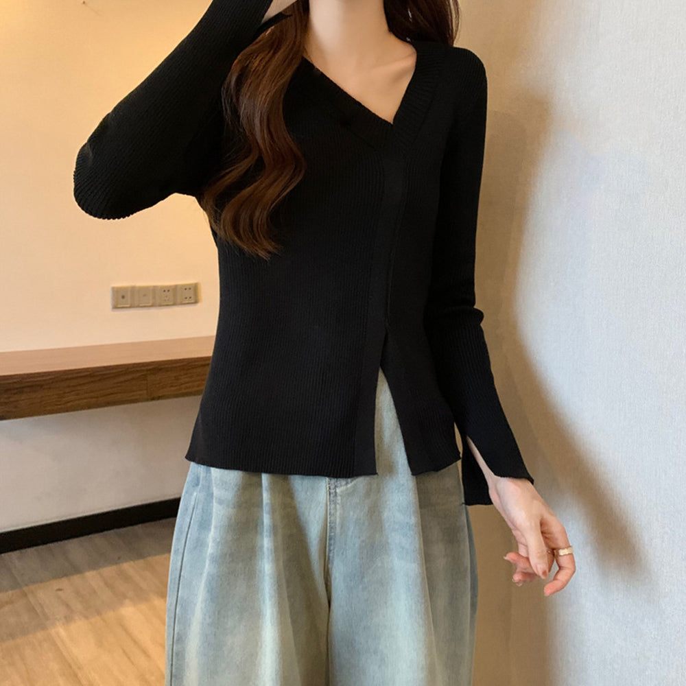 リブニットトップス フロントスリット ブラック