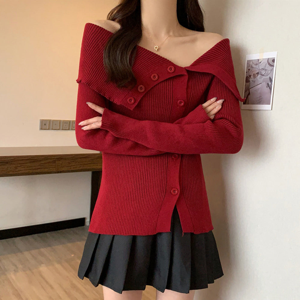 ニットトップス オフショルダーリブニット ワインレッド