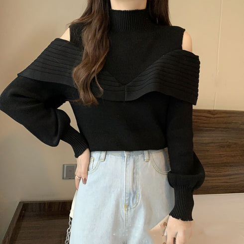 ニットトップス オフショルダーリブニット 大人可愛い レイヤード風ニット レディース 肩見せ ニットプルオーバー 肩出し ニットセーター オープンカットニット秋冬 85YN-900517