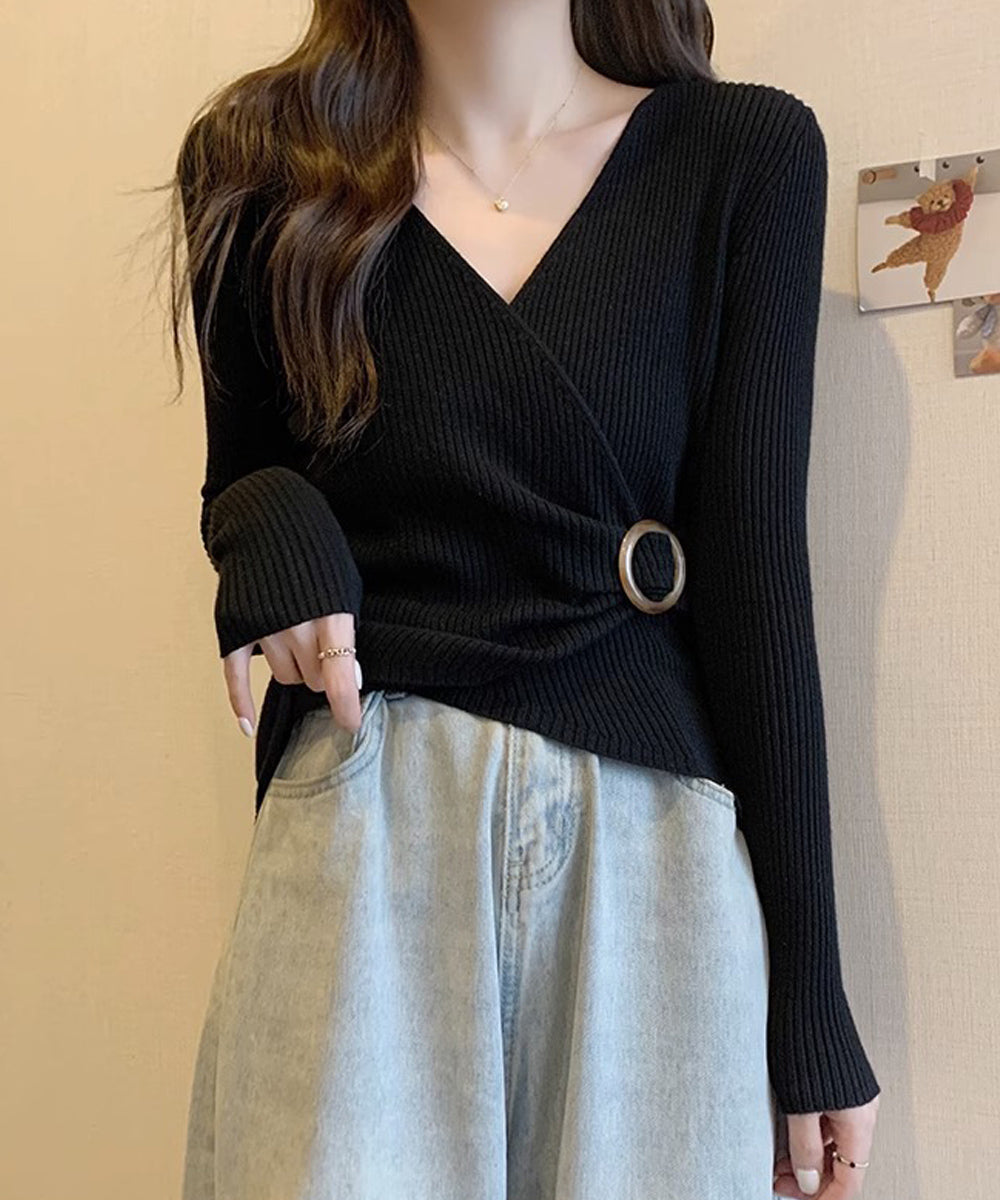 リブニット カシュクール風ニットトップス ブラック