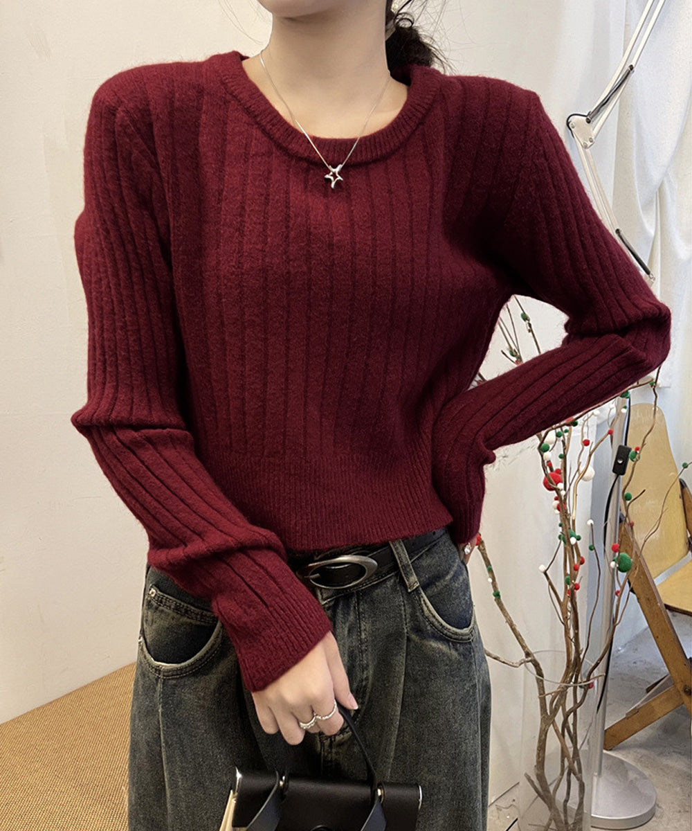 リブニット トップス きれいめ 長袖 ワインレッド