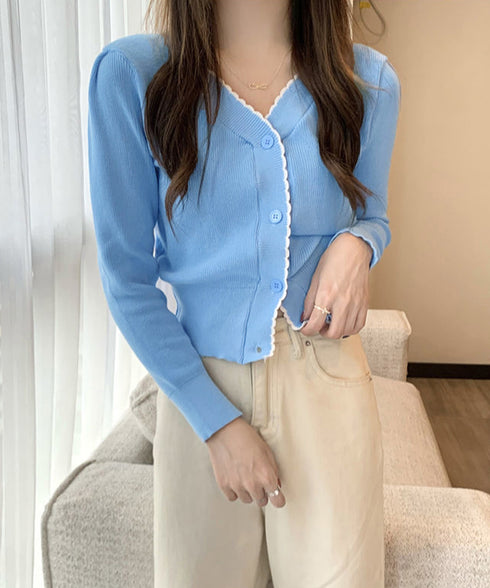 ニットトップス レディース Vネック長袖 リブニット 配色 前開き 大人 きれいめ 通勤 着回し カーディガン カジュアル ニットウェア おしゃれ 85YN-900598