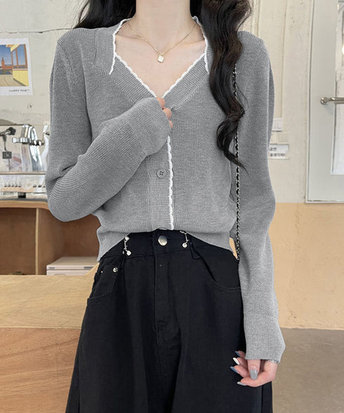ニットトップス レディース Vネック長袖 リブニット 配色 前開き 大人 きれいめ 通勤 着回し カーディガン カジュアル ニットウェア おしゃれ 85YN-900598