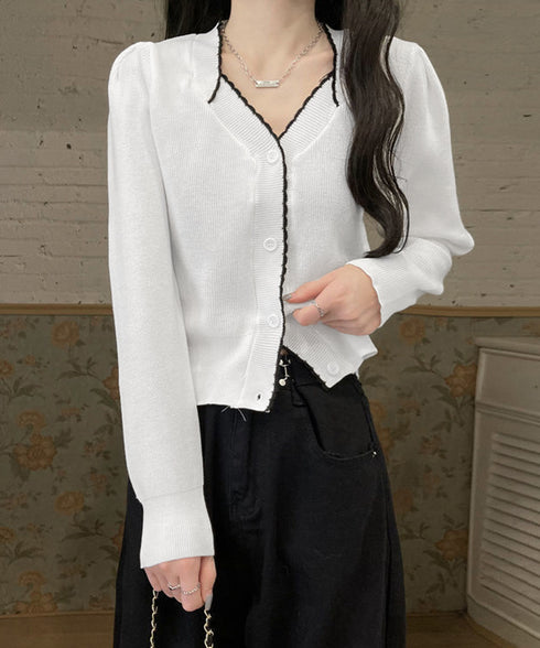 ニットトップス レディース Vネック長袖 リブニット 配色 前開き 大人 きれいめ 通勤 着回し カーディガン カジュアル ニットウェア おしゃれ 85YN-900598