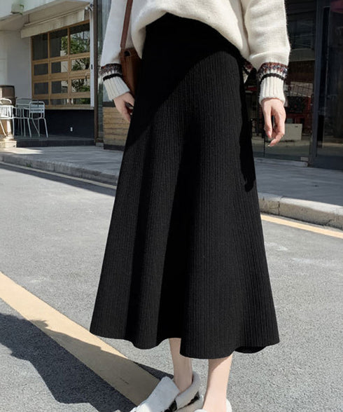 フレアニットスカート 着やせ 無地 秋冬 レディース Aラインスカート リブスカート ウエストゴム ハイウエスト ボトムス 体型カバー 大人可愛い 韓国風 85YN-900600