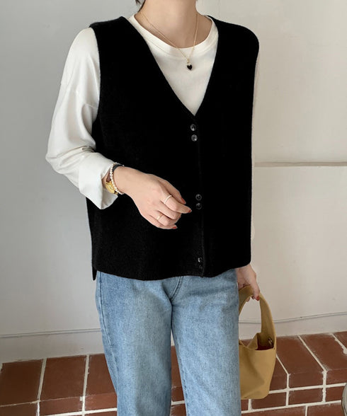 Vネックニットベスト ニットジレ 重ね着 レディース ニットトップス 前開き レイヤードベスト オフィスカジュアル お洒落 ノースリーブ 着やせ 20代30代 85YN-900603