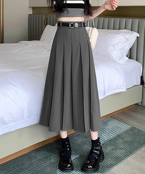 プリーツスカート ベルト付き 韓国風 レディース Aラインスカート 無地 ハイウエスト 体型カバー ボトムス お洒落 ロングスカート 着やせ 秋冬 85YN-900605