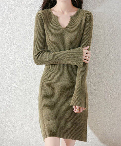 キーネック タイトリブニットワンピース レディース ニットドレス おしゃれ 長袖 秋冬ボディコンワンピ 無地 韓国風 セクシーワンピ細身 85YN-900608
