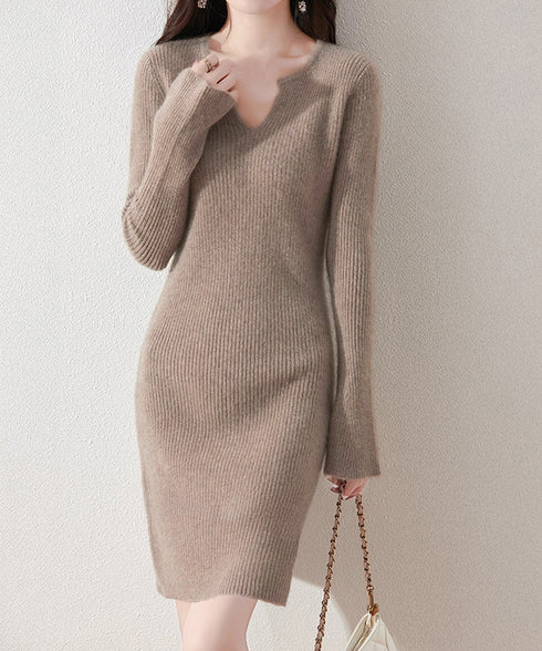 キーネック タイトリブニットワンピース レディース ニットドレス おしゃれ 長袖 秋冬ボディコンワンピ 無地 韓国風 セクシーワンピ細身 85YN-900608