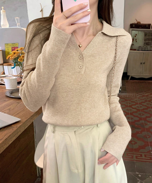 ポロニットトップス リブニット 韓国風 Vネックニットレディース長袖 きれいめニットプルオーバー オフィスカジュアル ニットセーターおしゃれ 着やせタイトニット 85YN-900610