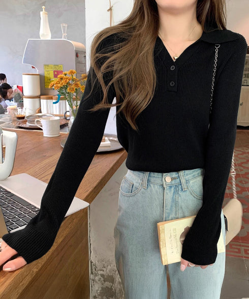 ポロニットトップス リブニット 韓国風 Vネックニットレディース長袖 きれいめニットプルオーバー オフィスカジュアル ニットセーターおしゃれ 着やせタイトニット 85YN-900610