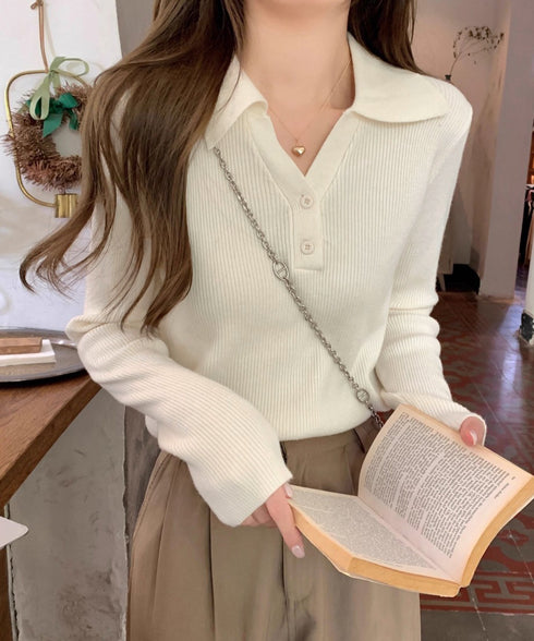 ポロニットトップス リブニット 韓国風 Vネックニットレディース長袖 きれいめニットプルオーバー オフィスカジュアル ニットセーターおしゃれ 着やせタイトニット 85YN-900610